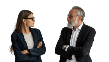 Smiling businesswoman and businessman with folded arms on white background, looking at each other.