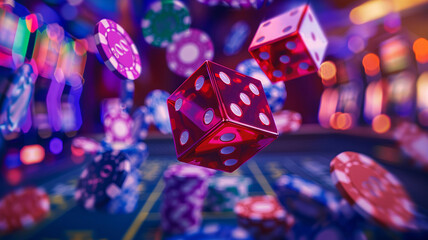Casino chips and dice soaring in midair on a deep purple backdrop - obrazy, fototapety, plakaty