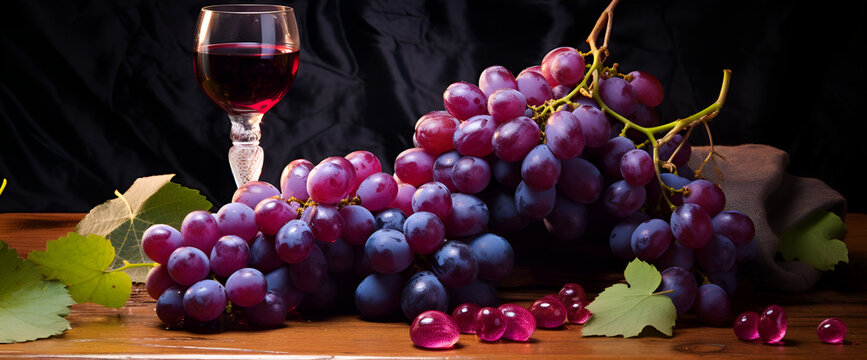 Grape juice in a glass with fresh grapes on a dark background
