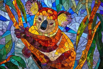 friendly koala portrayed in vibrant stained glass, Vibrant Stained Glass Style, cute, detailed