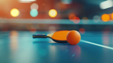 Table tennis paddle and ball on the table - obrazy, fototapety, plakaty