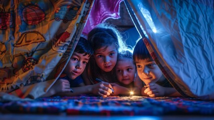 Obraz na płótnie Canvas A group of diverse children huddled under a blanket in a fort, illuminated by a flashlight, brainstorming fantastical ideas for a comic book they're creating. (stylized, whimsical)