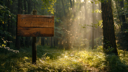 Wooden sign in a sunlit forest clearing invites tranquil exploration - obrazy, fototapety, plakaty