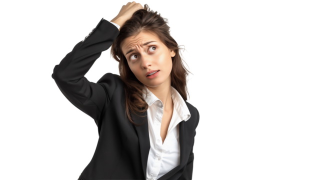 Businesswoman scratches her head in confusion and looks sideways on white background. - Powered by Adobe