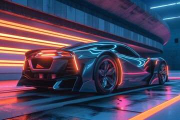 Futuristic 3D Illustration of a Sleek Electric Sports Car with Glowing Neon Accents