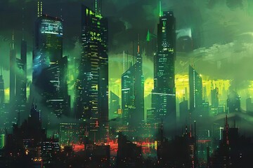 Futuristic Cyberpunk City Landscape, Neon-Lit Skyscrapers, Dystopian Sci-Fi Digital Painting