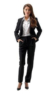 Portrait of a woman. Businesswoman character in elegant suit with hands in pockets on white background.