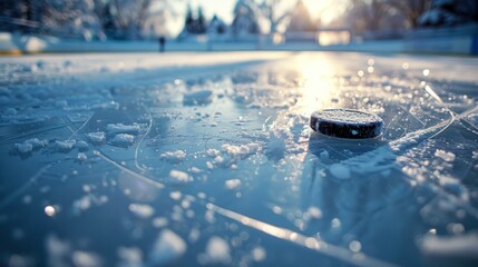 Ice hockey rink with puck close up