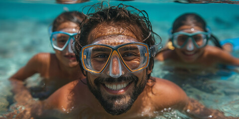 Naklejka premium Happy people snorkelling in the sea