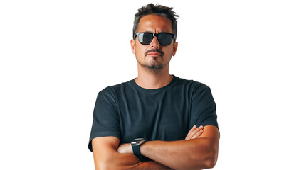 Portrait of a person. Man in sunglasses with folded arms on white background.
