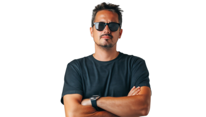 Portrait of a person. Man in sunglasses with folded arms on white background.