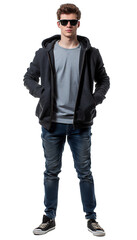Fototapeta premium Portrait of a man. Figure of a young man in sunglasses with hands in his pockets on a white background.