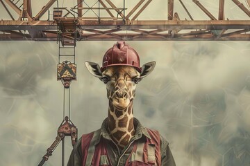 Fototapeta premium giraffe-headed man, wearing a construction worker's hard hat and vest, operating a crane, digital art