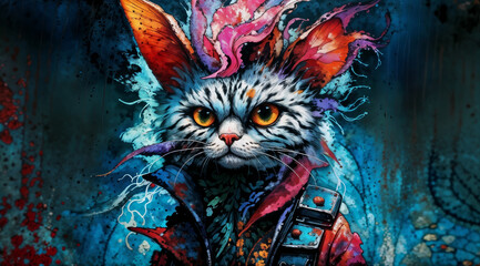 Scruffy cyberpunk city cat with sinister eyes and dirty color dyed fur, fierce and repelling bad temper stare - vibrant digital painting like feline portrait.  - obrazy, fototapety, plakaty