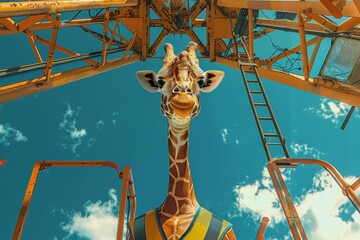 Fototapeta premium giraffe-headed man, wearing a construction worker's hard hat and vest, operating a crane, digital art
