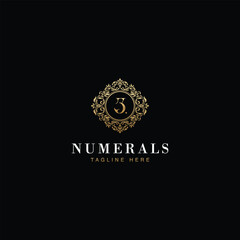 3 Numerals Luxury elegant victorian floral filigree frame badge pattern with number 3 inside the circle badge emblem logo design vector in gold colors