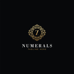 7 Numerals Luxury elegant victorian floral filigree frame badge pattern with number 7 inside the circle badge emblem logo design vector in gold colors