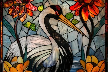 graceful crane depicted in intricate stained glass, Vibrant Stained Glass Style, elegant, detailed - obrazy, fototapety, plakaty