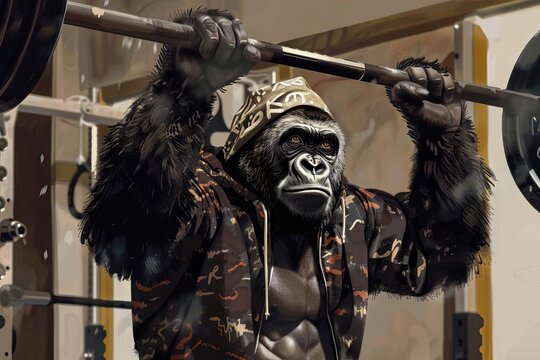 gorilla-headed man, wearing a weightlifter's outfit, lifting a barbell in a gym setting, digital art
