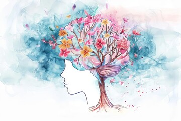 Human Brain Tree with Flowers, Mental Health and Positive Thinking Concept, Watercolor Illustration - obrazy, fototapety, plakaty