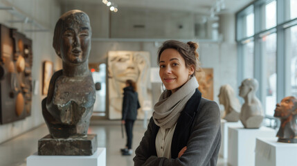 Art Gallery Curator Among Sculptures Reflecting Artistic Passion