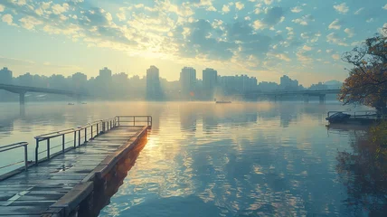 Keuken foto achterwand Sunlight bathes the cityscape viewed from a peaceful pier © Putra