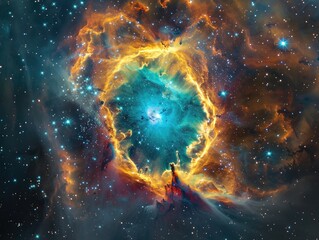 Helix nebula, cosmic entities dancing, ethereal colors swirling in deep space - obrazy, fototapety, plakaty