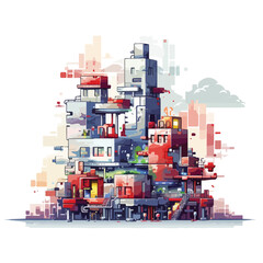 Pixelated urban videogame flat vector illustration