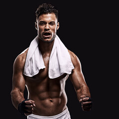 Fitness, body and screaming man portrait with gym towel in studio for energy, muscle or...