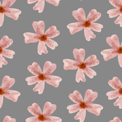 Floral seamless pattern with pink flowers on a gray background. Watercolor pink flowers. Seamless pattern design. Modern, farmhouse, eclectic.