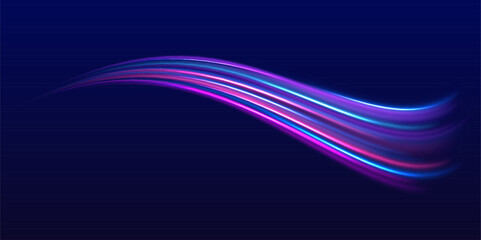 High speed effect motion blur night lights blue and red. Magic shining neon light line trails. Luminous bright background. Magic of moving fast lines. Laser beams, horizontal light rays.