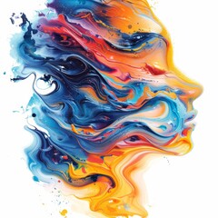 A colorful painting of a woman's face with blue, yellow, and orange swirls. The painting has a dreamy, whimsical feel to it, as if the colors are dancing and swirling around the woman's face