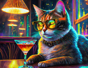 Um gato cálico, humanizado, bebendo um drink em mesa de um bar noturno, muito iluminado.