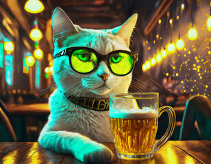 Um gato branco, humanizado, sério, usando óculos, com uma caneca de chope na mesa de um pub muito iluminado com luz amarelada.
