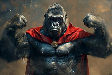 humanoid gorilla head man, wearing a superhero costume and cape, flexing muscles, digital art