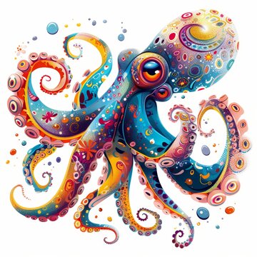 A colorful octopus with a big eye and a mouth. The octopus is surrounded by a lot of different colors and patterns, making it look very lively and fun