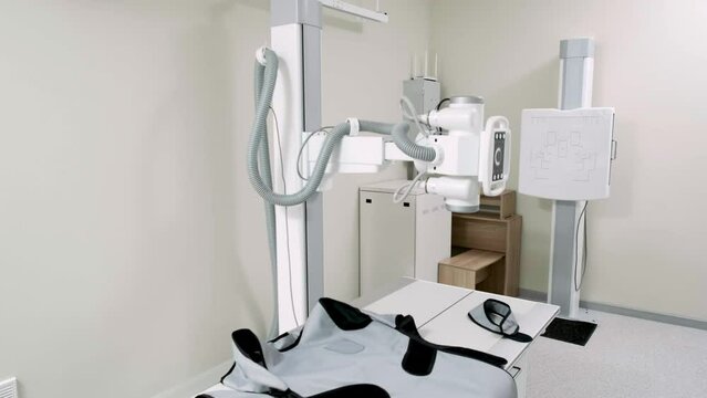 X-ray room in a modern clinic. Health concept, advertising of medical equipment and treatment.