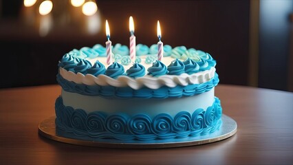 Birthday cake with candles and gifts on wooden table against blurred background. generative ai