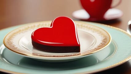 Cake in the shape of a heart on a plate and cup of coffee. generative ai