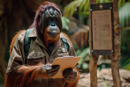 humanoid orangutan head man, wearing a zookeeper uniform, holding a clipboard near zoo exhibit signs, digital art