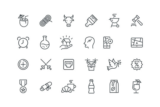 Add new plus,Alarm,Auction sale,Barbecue bbq grill,Brush paint tool,Bull market,Climbing rope,Cocktail coconut,Cocktail drink,Coffee pack,Cola drink,Croissant coffee,set icons, vector illustration