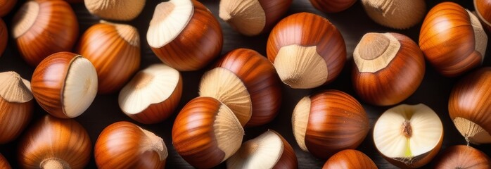 Hazelnuts background. Close-up of hazelnuts. Banner. generative ai - obrazy, fototapety, plakaty