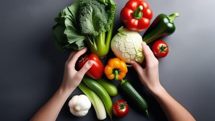 Female hands holding fresh vegetables on black background. Healthy eating concept. generative ai