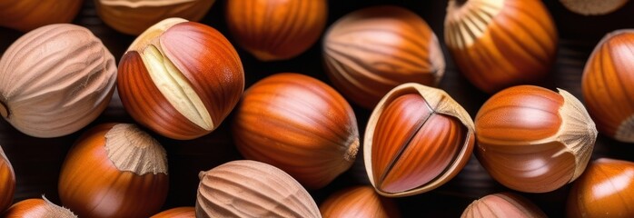 Hazelnuts background. Close-up of hazelnuts. Banner. generative ai