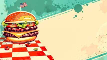 American style double cheeseburger on retro background