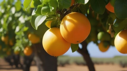 Orange tree with ripe fruits in garden, closeup of photo. generative ai - obrazy, fototapety, plakaty
