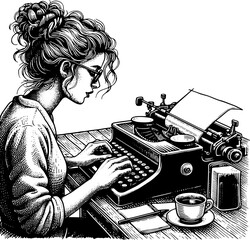 Woman Writer Writing On The Typewriter 