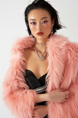 Portrait of a pretty young woman super model of Japanese ethnicity draped in a luxurious pink fur coat over a sleek black dress, accessorized with diamond jewelry and a statement clutch