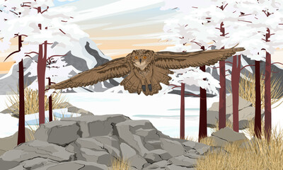 An eagle owl flies over a rocky mountain valley with snow and tall pine trees. Wild bird of prey. Realistic vector landscape