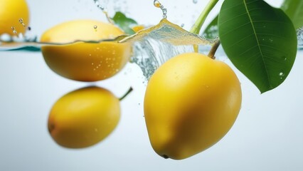 Mango fruit splashing in water with splash and bubbles on white background. generative ai